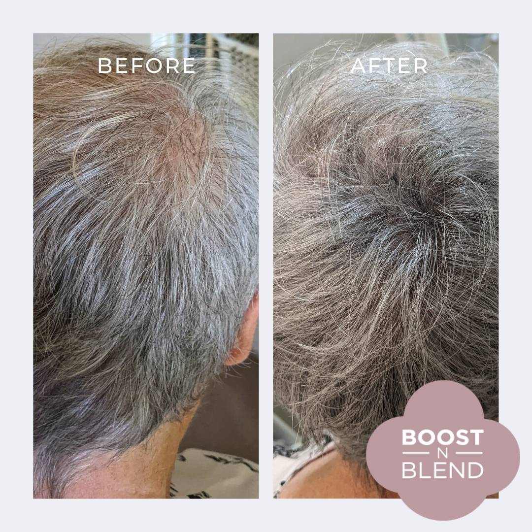 Light Silver Grey Boost N Blend Hair Fibres Before and After #colour_silky-silver-grey