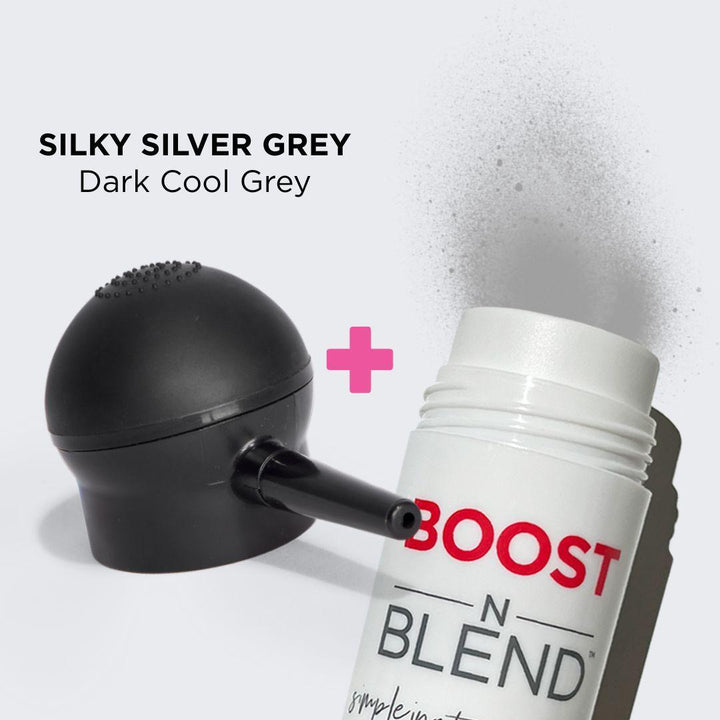 Boost N Blend Bottle and Applicator swatch #colour_silky-silver-grey